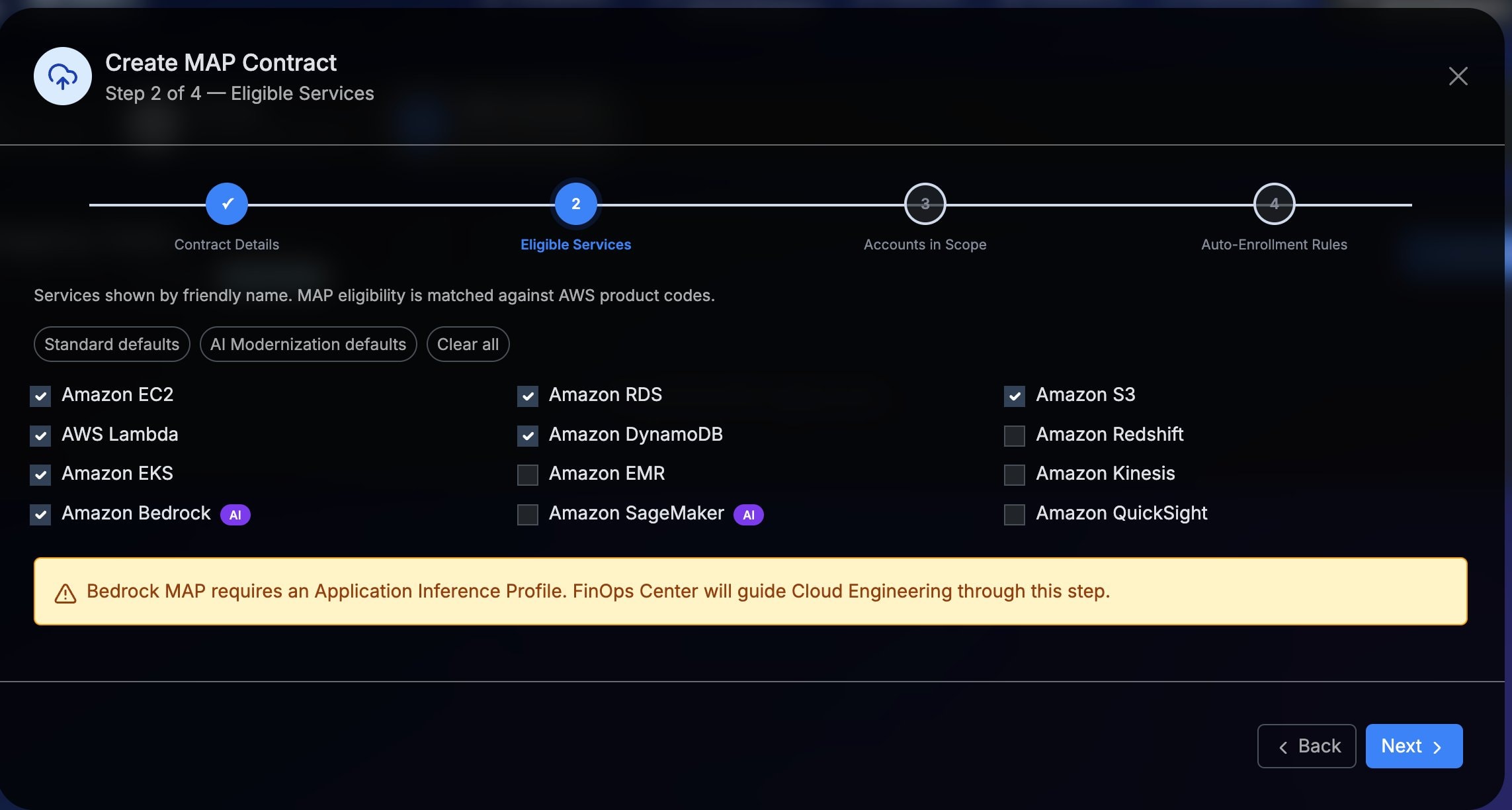 Create MAP Contract wizard — Step 2 of 4, Eligible Services, showing Standard and AI Modernization defaults with Amazon Bedrock selected