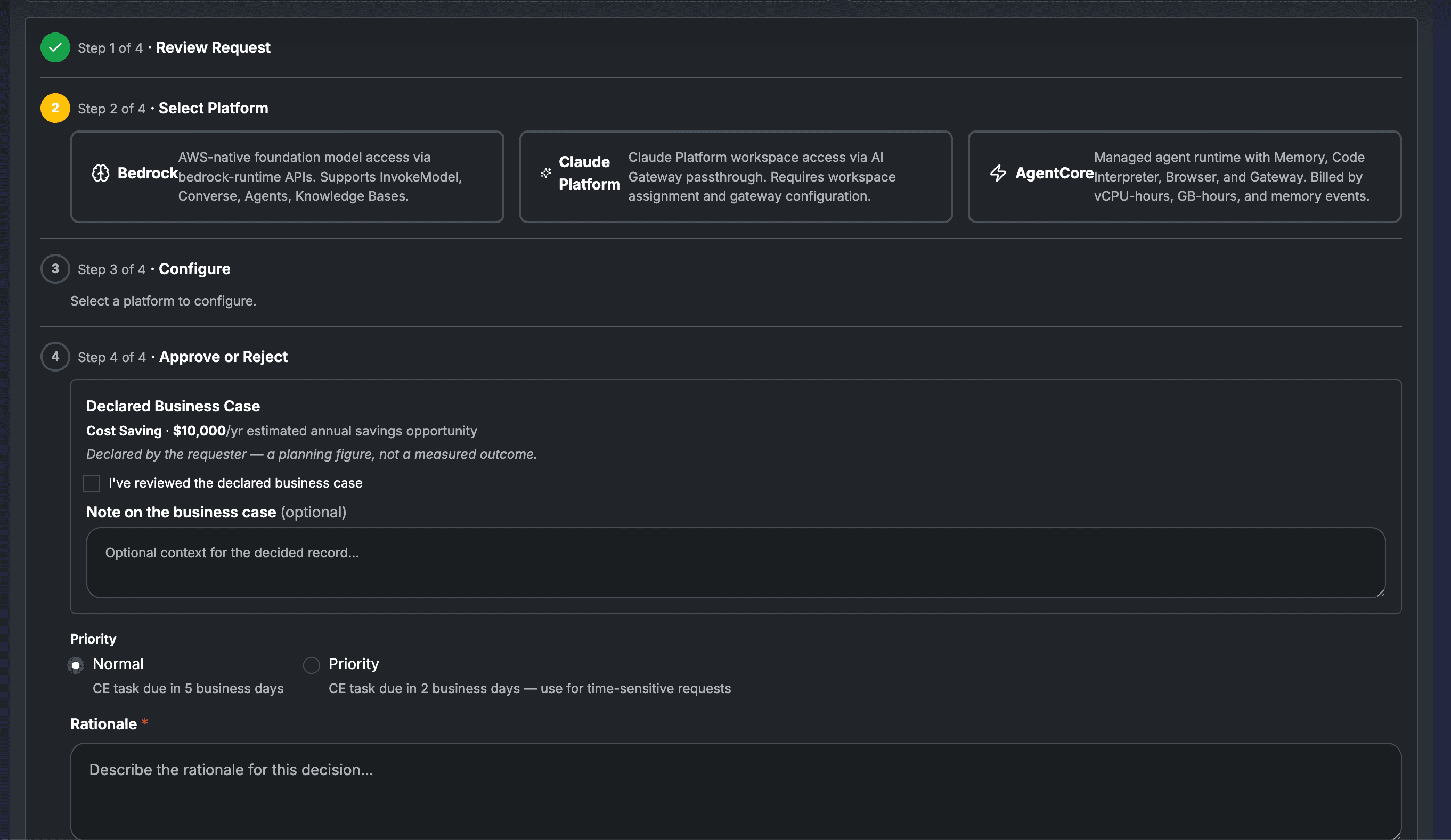 FinOps Lead Step 4: declared business case acknowledgement, priority setting, and approval rationale