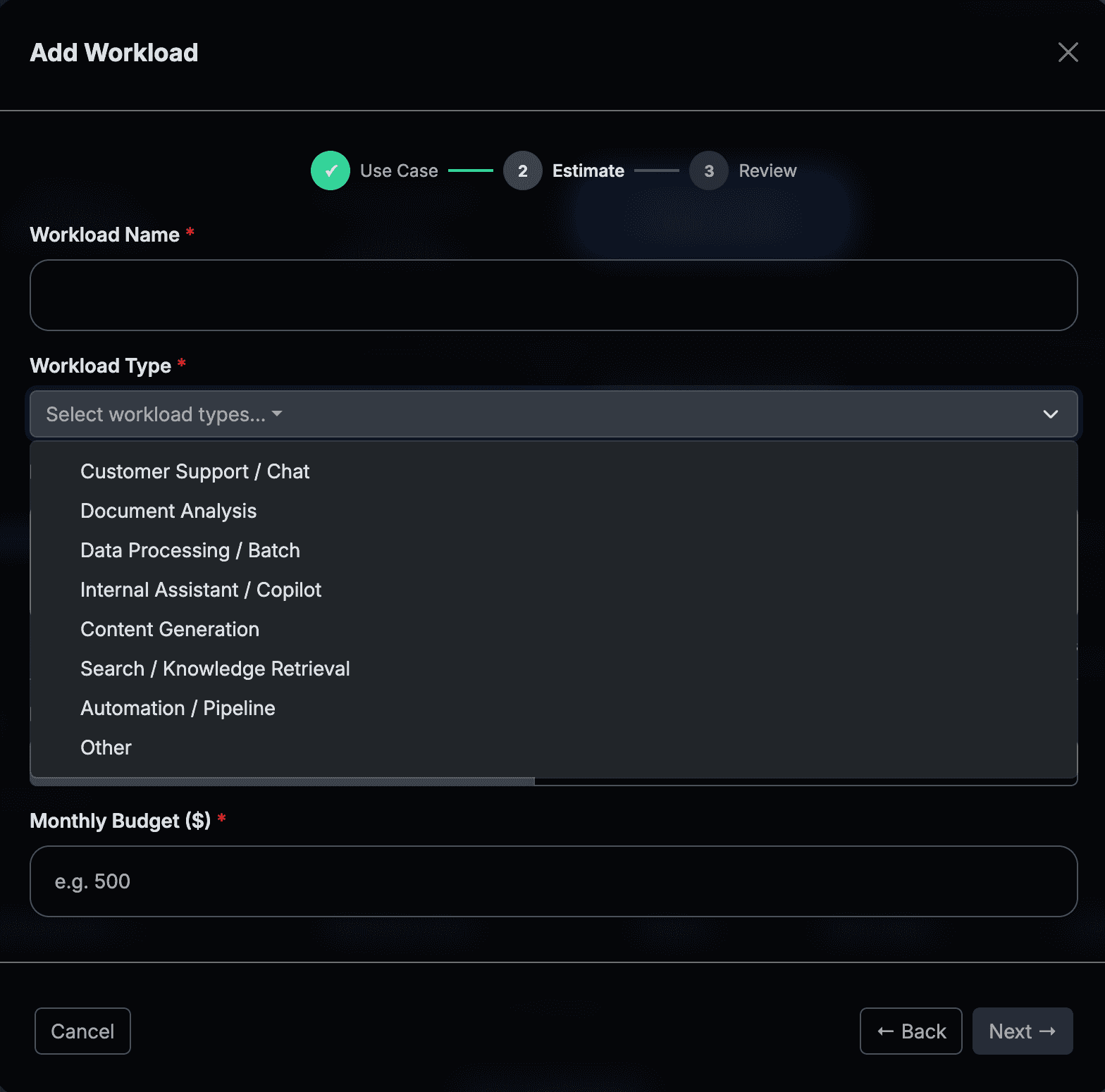 Product Owner Add Workload: use case selection: Infrastructure, Coding AI, or Operations AI